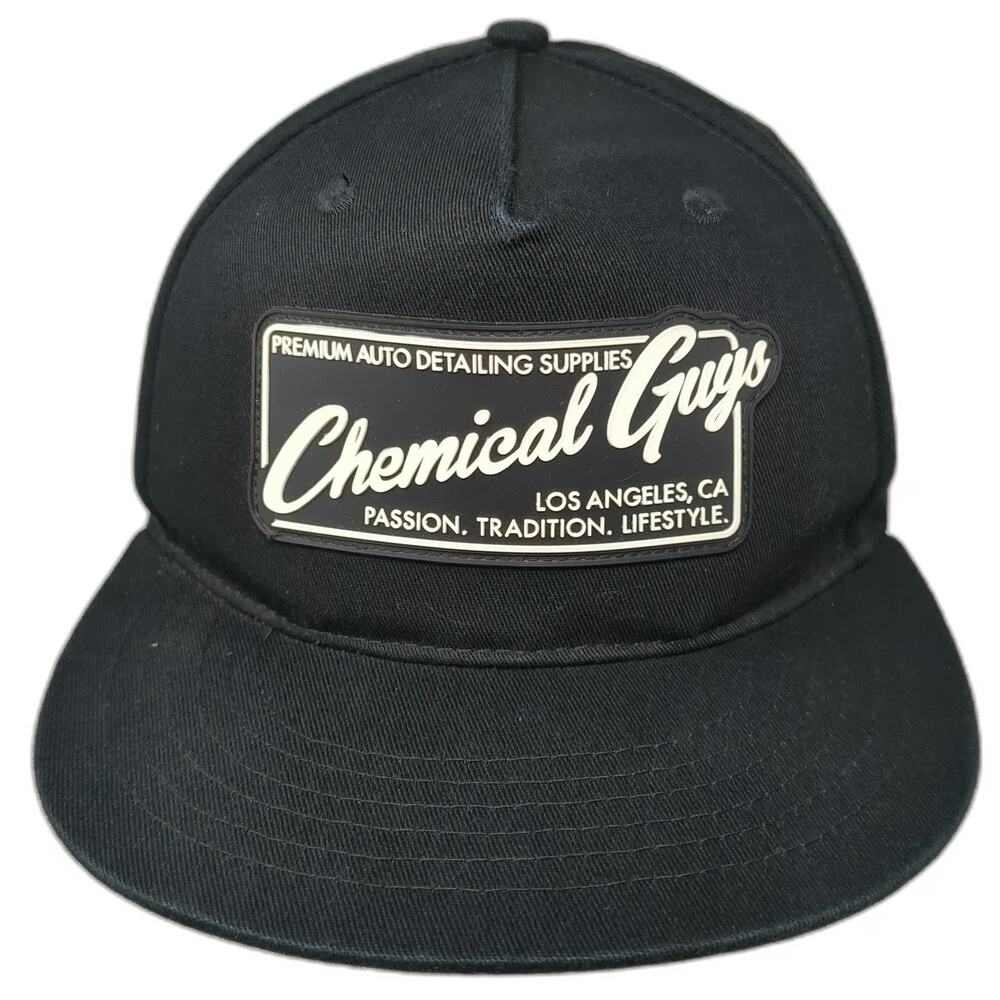 Chemical Guys 5 Panel Black One Size Snapback Hat Rubber Patch Flat Brim Cotton